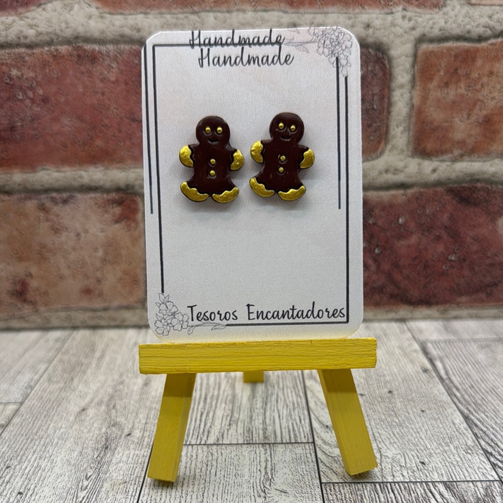 Handmade brown and gold tone gingerbread man earrings